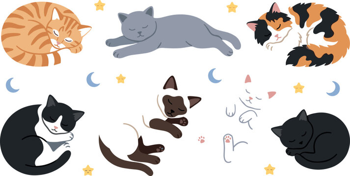 PrintCute Sleeping Cats Vector Illustration Set Featuring Diverse Feline Breeds Coiled and Relaxing with Moon and Star Elements for Cozy Graphic Designs