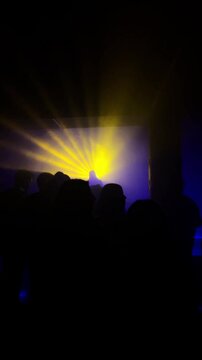 Silhouettes of people dancing in nightclub with female dj performing under yellow stage lights and blue smoke party atmosphere. 