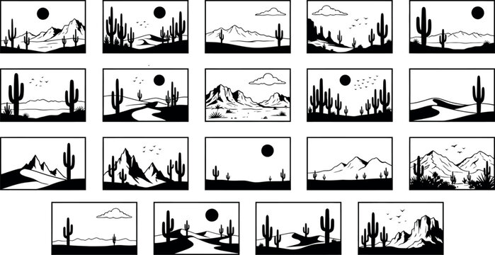 Set of minimalist desert landscape scenes featuring various cacti and majestic mountains outlines