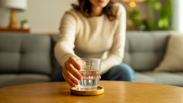Woman reaching for a glass of water while sitting in a comfortable living room