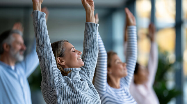 Faceless smiling diverse businesspeople stretching hands and neck during active work break in modern glass office practicing executive corporate wellness and healthcare, team