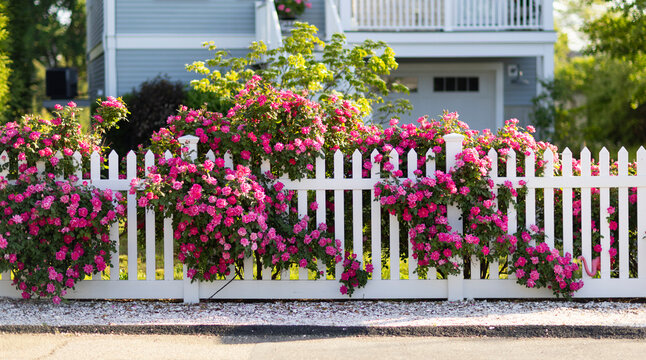 Roses in bloom white picket fence panoramic 