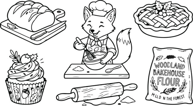 Cartoon fox baking bread pie cupcake