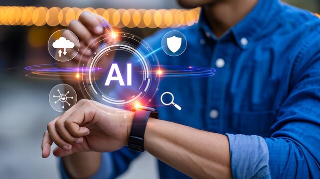Artificial intelligence smartwatch interface with futuristic digital technology concept