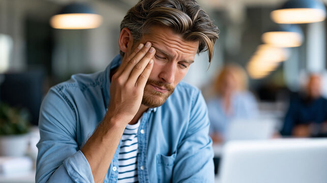 Office distractions causing stress in workplace with modern environment and close-up of employee well-being challenges, distraction and burnout concept, corporate photography,