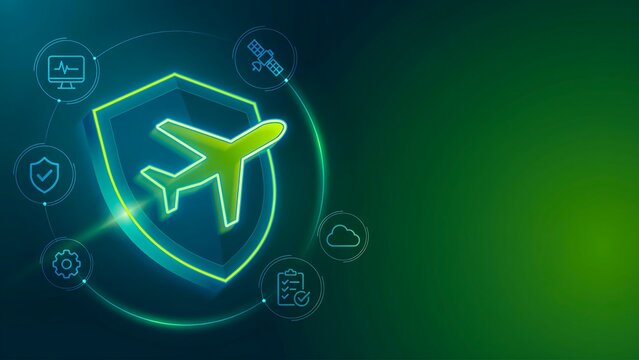 Air travel security concept with airplane shield and digital protection background