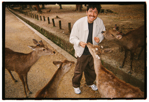 Traveler feeding deer in Nara Park, Japan