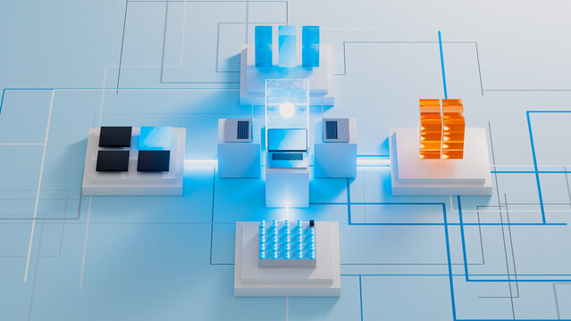 Futuristic technology network with data and laptop elements present