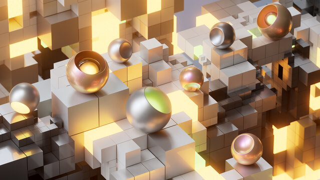 Metallic Spheres on Modular Cubes Symbolizing AI Agents and Data Nodes