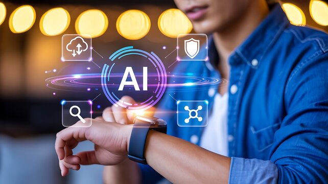 Artificial intelligence smartwatch interface with futuristic digital technology concept