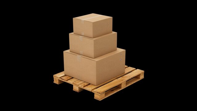 Stack of three cardboard shipping boxes on a wooden pallet