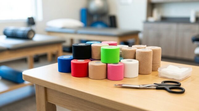 Colorful Athletic Tapes and Scissors in Therapy Room