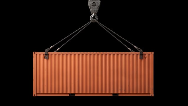 Orange shipping container being lifted by a crane hook isolated on black background