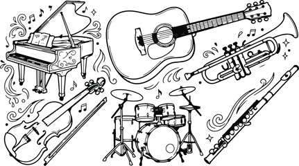 Music instruments icons with notes © Hello World