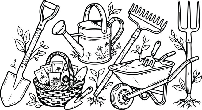 Gardening tools and wheelbarrow with basket