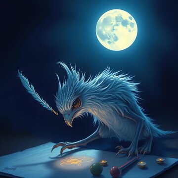 Midnight moonlight illuminates a wispy feathered creature's prehensile talons as it scribbles with an ethereal quill, ink, magical