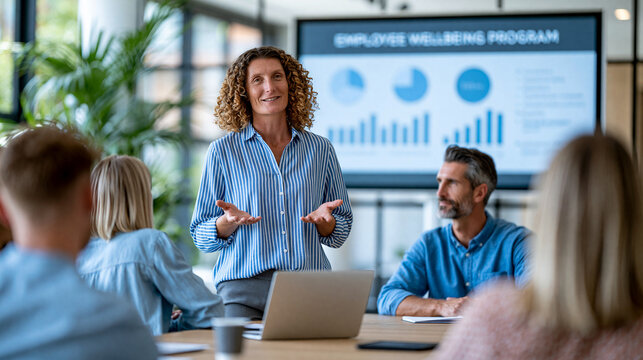 Faceless employee wellbeing program overview displayed on digital screen during HR presentation in modern corporate training room, wellbeing communication concept, corporate