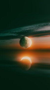 Eclipse sun moon reflection at sunset with dark sky