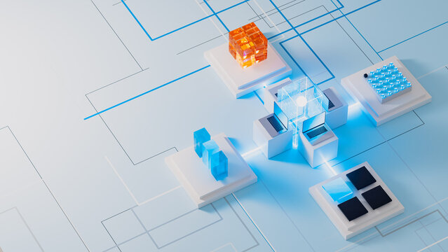 Futuristic technology network with data and laptop elements present