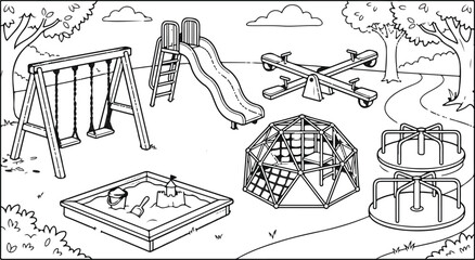 Black and white illustration of playground equipment © Hello World