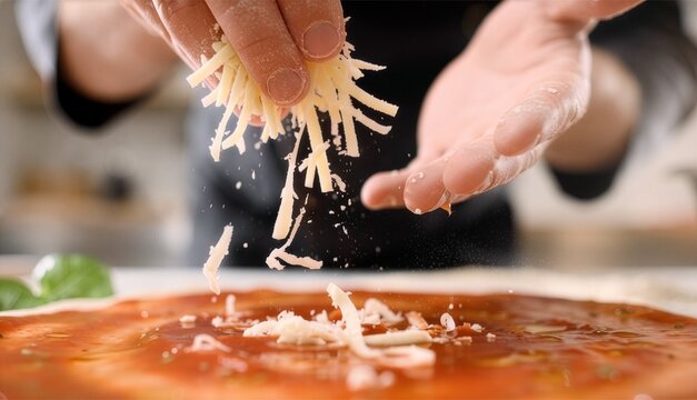 Close-up macro shot of chef hands sprinkling shredded mozzarella cheese over a fresh pizza base with red tomato sauce, frozen motion, shallow depth of field, professional food photography.