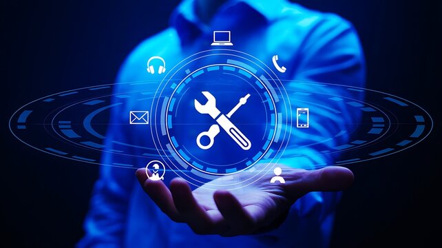 Digital technical support concept with repair tools and technology interface