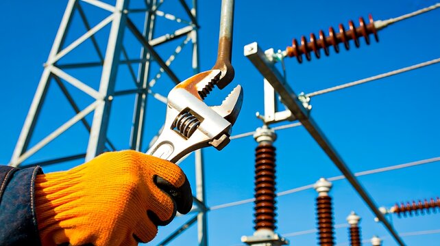 Electrical engineer tightening high voltage power line equipment with adjustable wrench