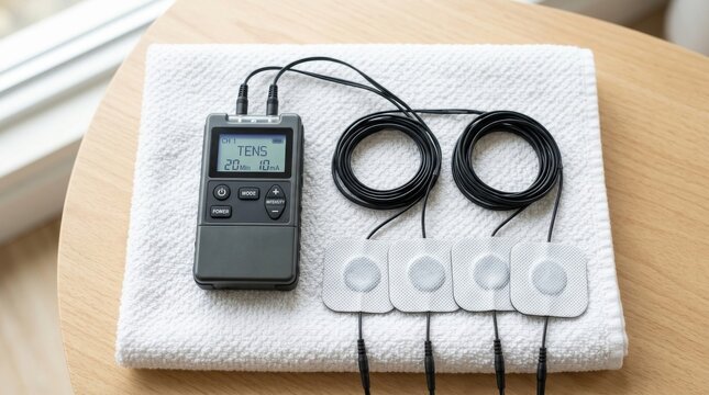 TENS Unit and Electrode Pads on Towel