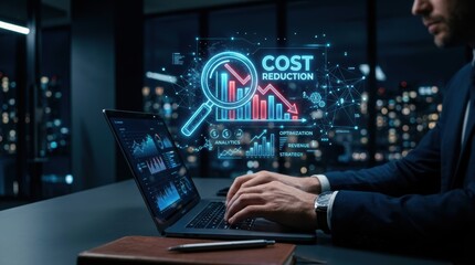 Fototapeta premium Businessman using a laptop with a glowing cost reduction and magnifying glass business hologram