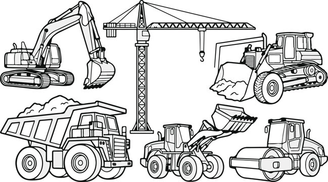 Construction vehicles and crane illustrations