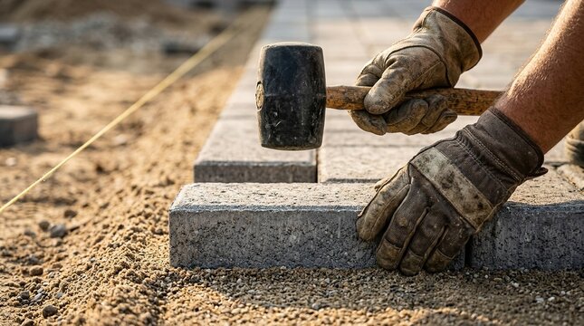 Close-up of a gloved hand using a rubber mallet to tap a gray interlocking paving stone into place on a bed of sand, illustrating construction and hardscape installation work.