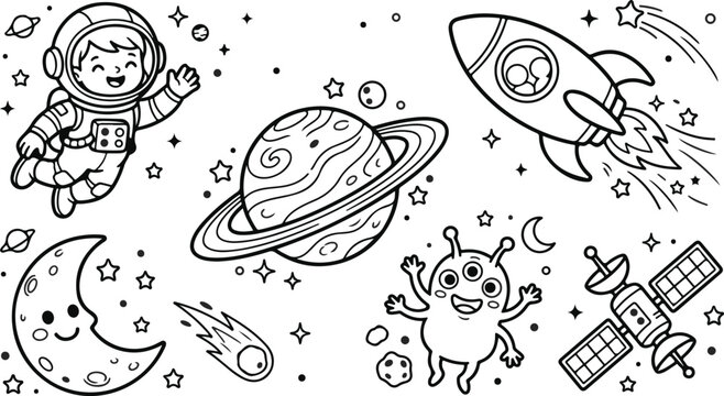 Coloring page with astronaut, alien, rocket and planets