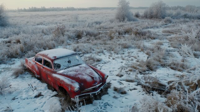 Ultrarealistic drone winter shot of abandoned classic car Canon EOS R5 35mm f11