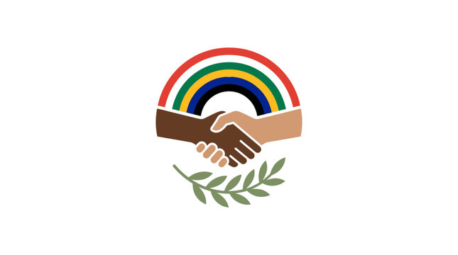 Unity Handshake with Rainbow and Olive Branch Vector Illustration
