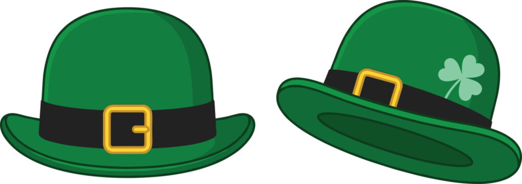 Saint Patrick's Day Green Leprechaun Hat Collection with Lucky Shamrock Traditional Irish Holiday Costume Accessories Isolated on White Background
