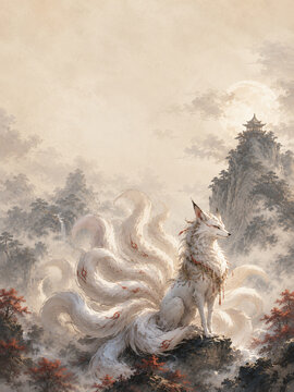 Majestic Nine-Tailed Fox in Misty Chinese Mythology Mountain Landscape