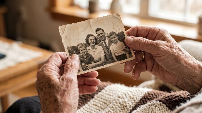 Close up of wrinkled hands holding vintage family photo, showing past generations. Elderly hands gently grasp old family picture, preserving history. Evoking nostalgia, concept for memories, legacy.