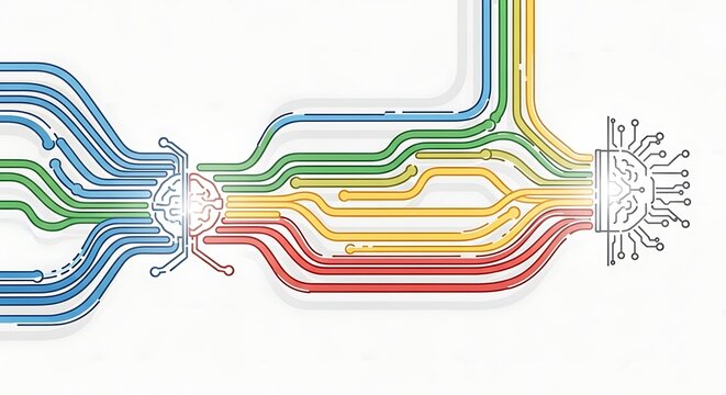 Colorful neural pathways connecting two tech brains with circuit patterns, symbolizing data transfer, AI, and futuristic information flow.