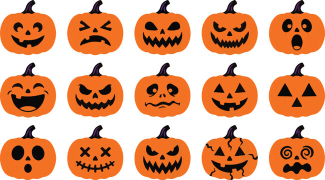 Halloween Jack O Lantern Pumpkin Face Expression Vector Set Isolated on White Background
