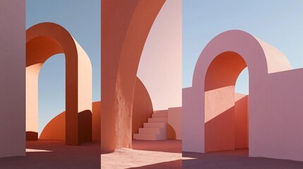 Fototapeta premium Collage of three photographs of a modern architectural structure. the structures are made up of three arches, each with a unique shape and color.