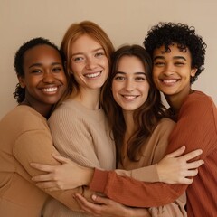 Fototapeta premium Diverse young women share a joyful group hug for International Day of Friendship and unity