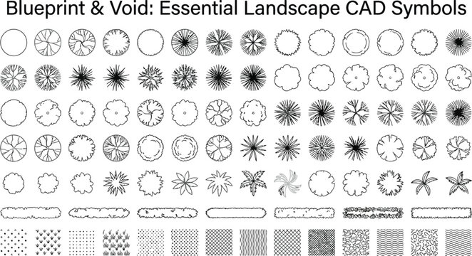Essential collection of professional CAD vector symbols for landscape architecture design including diverse overhead tree plan views green shrub outlines and botanical plant layout icons.