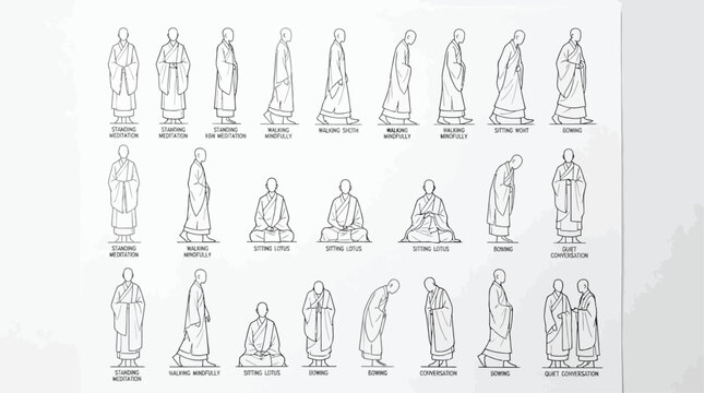Comprehensive Collection of Hand Drawn Buddhist Monk Figures in Diverse Poses and Postures for Architectural Visualization and Scale Illustration Isolated on White Background