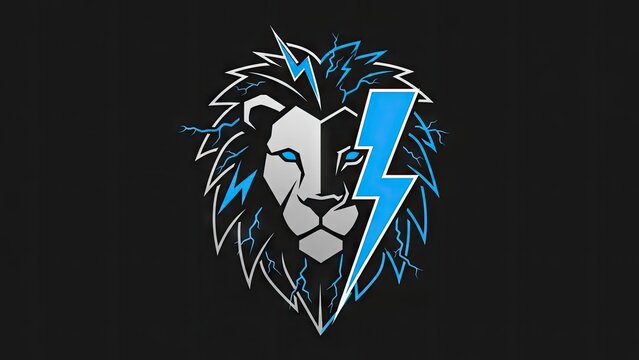 Modern lion head logo with large blue lightning bolt.
