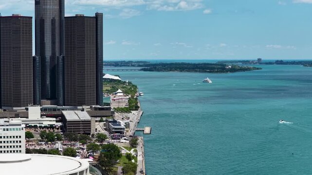 Aerial footage of a gorgeous landscape along the Detroit River in Detroit Michigan USA