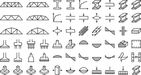 Obraz premium Civil Engineering Architectural Structural Components Linear Icon Set Representing Construction Mechanics Technical Blueprint Design Elements Isolated Vector Illustration