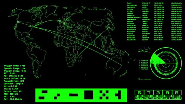 Retro Green Cyber Security HUD Interface with World Map and Radar Tracking