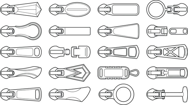 Modern Zipper Pull Tab Collection with Outline Vector Designs for Sewing Garment and Fashion Accessories