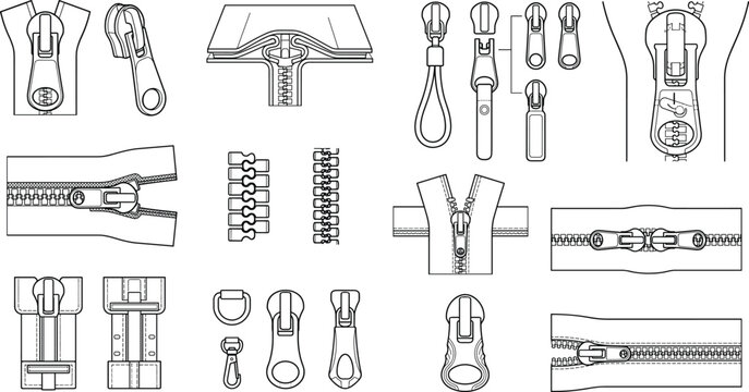 Technical Zipper Components Set with Pull Tabs Sliders Teeth and Fastener Construction Line Art Vector Collection