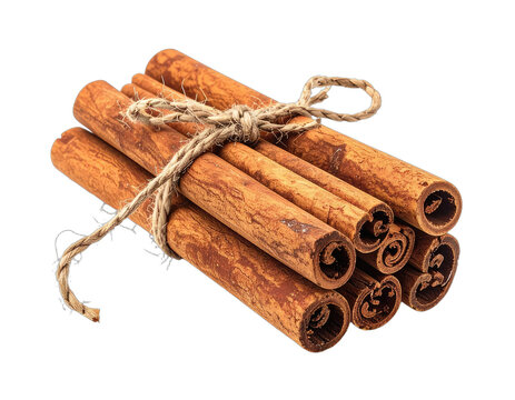 A bundle of cinnamon sticks tied with twine on a black background.